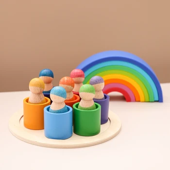 1 комплект детски цветни играчки Монтесори, с Преливащи се цветове Строителни блокове, Кукла, Детски Образователни Дървени Строителни блокове, Набор от Подаръци за деца