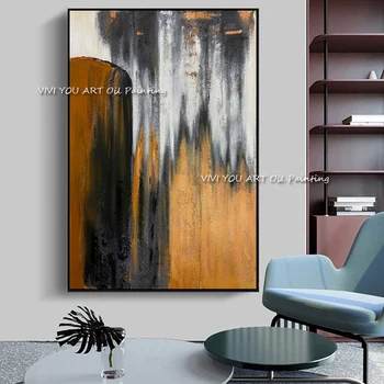 100% Ръчно рисувани Модерен Абстрактен Платно Картина с маслени Бои Стенно Изкуство Сиво Оранжево Черни Картини за Всекидневна Декор на стените на хотела