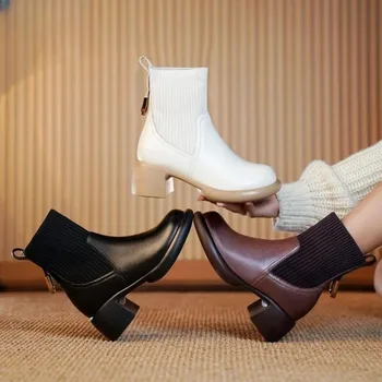 2023 Модни Дамски плетени калъф за Тънки Ботуши с Къс Ръкав На Дебелите Токчета, Модерни и Удобни Ластични Чорапи и ботуши на Среден Ток, Жените