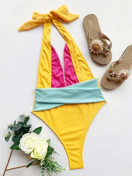 2023 Разноцветни Бански Костюми, Дамски Секси С Отворен Гръб Едно Парче Бански Монокини Maio Biquini Mujer Trikini Бикини Badpak Femme