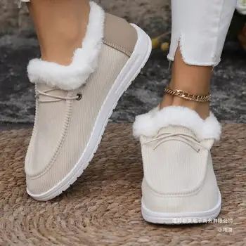 2024, Есенно-зимни нови дамски зимни обувки на дебела подметка, плюшен много удебелена вълнена топла памучен обувки големи размери за шиене