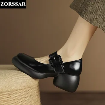 2024 Пролет-есен, нови дамски обувки Мери Джейн с катарама, модел обувки от лачена кожа, обувки-лодка с високи токчета, дамски обувки в стил ретро, Черно, бяло на цвят