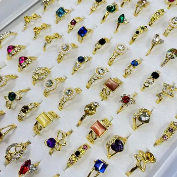 50 бр./лот, Модерен Цветен пръстен със скъпоценния камък, Циркон, перли, Позлатените пръстен за жени, дамски бижута на Едро LR4225