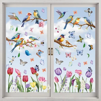 76 бр. Пролетно-лятна стикер на прозореца, Акварелни Цветове на Лалета, флорални мотиви във формата на пеперуди, на Стикер на прозореца за домашен декор