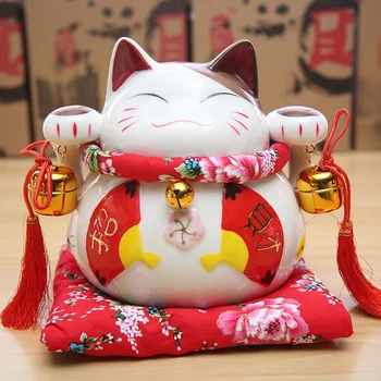 8-инчов Керамика Омъжи Ceramic Лъки Cat Fengshui Home Decor Порцеланови бижута Бизнес подаръци Fortune Cat Касичка за пари плавателни съдове