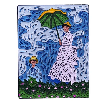 B1459 Жена с чадър и нейният син Емайл игли Брошка Дрехи Раница Значка на ревера Бижута, Аксесоари, Подаръци