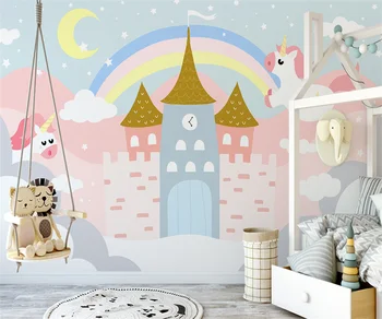 beibehang papier peint, модерни тапети на ръчно рисувани в скандинавски стил, rainbow unicorn, розов фон за детска стая