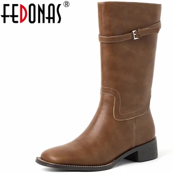 FEDONAS/ Дамски обувки до средата на прасците, в ретро стил, есен-зима, Офис женска работна обувки от естествена кожа, дамски обувки в западен стил на дебелите ток