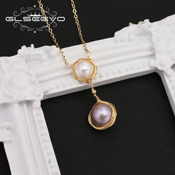 GLSEEVO 100% Естествени перли в стил барок, колие с окачване на дълга верига, Тенденция Елегантност, Чар, Висококачествени Бижута, Персонализирани Подаръци