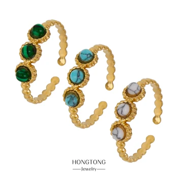 HONGTONG С истинско златно покритие, малки и изящни форми, Модерен пръстен с камък Санбао, трицветна скъпоценен камък, пръстен от неръждаема стомана, бижута подарък