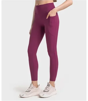LuluLogo Женски гамаши от ребрена плат с висока талия и джобове, спортни панталони за йога във фитнеса, спортни чорапи за бягане на открито, панталони за йога