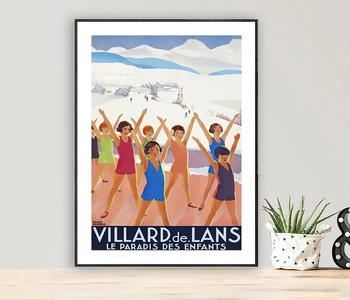Villard-de-Лан, Франция, Ретро туристически плакат на Пътуване до Франция, Плакат за зимни спортове, музейное качество