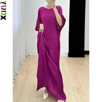 YUDX Miyake Модно плиссированное рокля Женски Свободно с кръгла воротом, однотонное ежедневното средна дължина, Новост пролетта 2024, вечерна женствена рокля