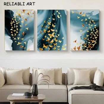 Абстрактни картини върху платно със синя панделка и златна пеперуда, щампи на животни и плакати на стената за дома в хола Без рамка