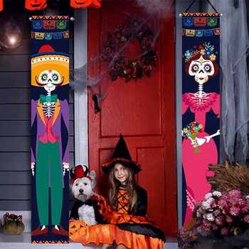 Банер с участието на двойки ужасяващи скелети на Хелоуин, виси за двойки, знаци Хелоуин за врата пердета, украса на верандата, добре дошли знак