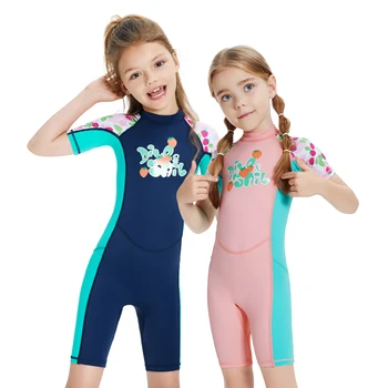 Бански за сърф от ликра, детски цветни бански костюми, быстросохнущий бански костюм с къси ръкави за момичета, летен бански за плажа и басейна