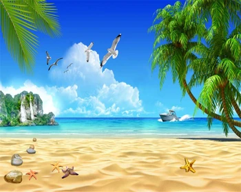 Бейбеханг Потребителски тапети стенопис плаж коко синьо небе, бели облаци остров морски пейзаж фон стени, стенописи, 3d тапети беханг