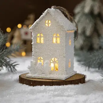 Бели Коледни Къщички от мини-дърво с led осветление, Коледни Селски Къщи със сняг, Комплект аксесоари за зимата на село, Коледен Декор