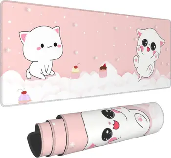 Геймърска подложка за мишка Pink Kawaii Cat Little Kittens XL с неплъзгащи гумена основа, прошитые край, подложка за работния плот, голям 31,5 X 11.8 инча