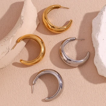 Гладка обеци-пръстени във формата на полумесец, с диаметър 42 мм, Сребро, Аксесоари от неръждаема стомана 316L, дамски позлатени обеци с 18 карата