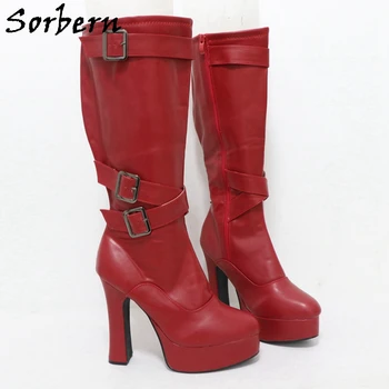 Дамски ботуши Sorbern вино-червено цвят на блок ток до коляното, видима обувки на платформа, дамски готически ботуши Унисекс, нестандартен размер голенища