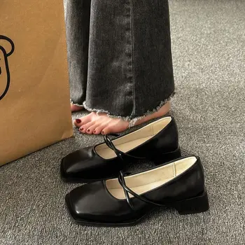 Дамски летни обувки, ежедневни дамски обувки от естествена кожа, 2023, квадратен чорап, черна, готическата обувките Мери Джейн в японски стил в стил Лолита.