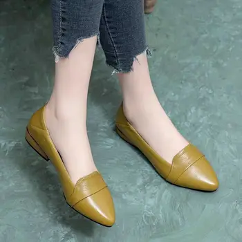 Дамски Обувки 2023 г. Ежедневни Дамски Летни Обувки от Естествена Кожа в Жълт Цвят На Масивна Ток С Остър Пръсти На Ниско Елегантен и Луксозен Ток