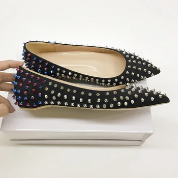 Дамски обувки на плоска подметка с нитове и дребен остър пръсти, модерен Луксозен дизайнерски обувки, Удобна за офис обувки