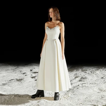 Дамски официални рокли ROSELLA Ivory без презрамки с кристали, с Дължина от щиколотку, плиссированное вечерна рокля трапецовидна форма, Новост 2023 година