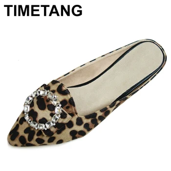 Дамски чехли на равна подметка Timetang, есенен дамски обувки в черен цвят с по-голям размер, модерен улични чехли с кристали, леопардовая обувки 862