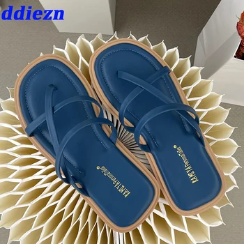 Дамски чехли Новост В дамски джапанки-джапанки Лято 2023, Модерни улични плажни чехли на равна подметка, Сандали, дамски обувки