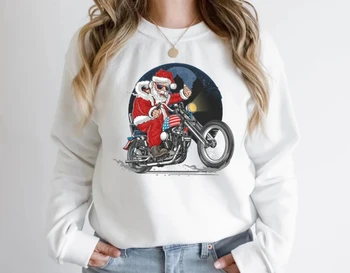 Дядо Коледа на мотор, hoody, Коледен Мотоциклет, Забавен Сладък Модерен пуловер с кръгло деколте, риза, Зимни дрехи за жени