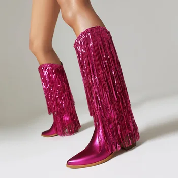 Европейските и Американските огледално есенно-зимни дамски обувки на големия размер, с искри и четки на дебел висок ток, ботуши до коляното с ръкави до коляното