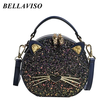 Елегантен преносим дамска чанта за през рамото от изкуствена кожа BellaViso, женски сладки кръгли чанти през рамо със сладък котка за лятото BLCR-66