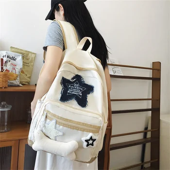 Жена раница Y2k, жан чанта със звездна модел, голям голям студентски училищна чанта, модерен случайни раница за пътуване, жена