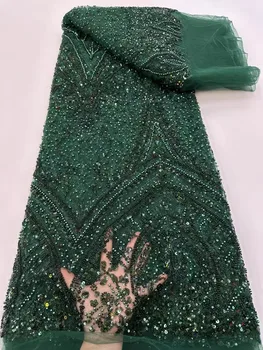 Зелени Луксозно Африкански дантела от мъниста, пайети, Африканска лейси плат 2024, Благородна 5 Ярда Нигерийская лейси кърпа за вечерните рокли