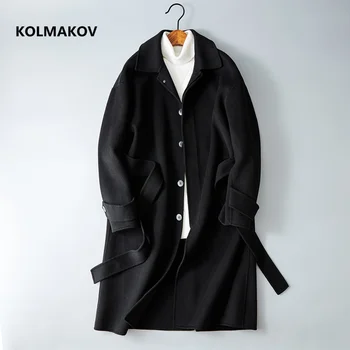 Зимно дълго мъжко вълна палто с качулка, двустранно вълна палто 2024 година, ежедневни вълнени тренч, висококачествен однобортный яке за мъже
