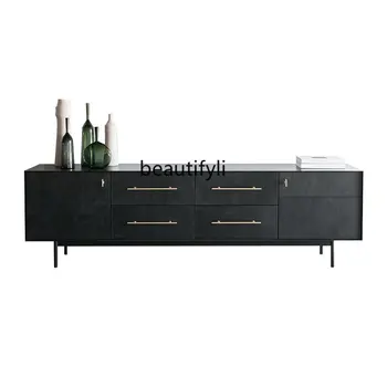 Италиански минималистичен шкаф /Черна кожа От алуминиева сплав, творчески открит шкаф за всекидневната, скандинавски ниска Корпусна мебел