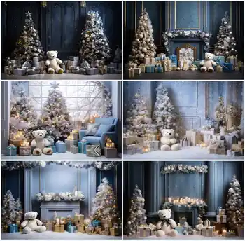 Коледен фон Mehofond Ретро Синята стена на Интериора Камина Фон за снимки Коледно Дърво Подарък Портрет на Реквизит за снимки