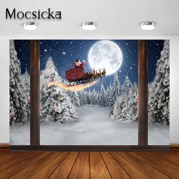Коледен фон за снимки Mocsicka Зимата Снежна прозорец Коледна Луната Нощното Небе Дядо Коледа Снимка Фон Студиен подпори