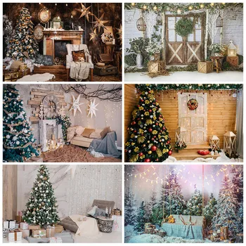Коледен фон за снимки, Коледна елха, камина, дървена врата, подарък за дете, за рожден Ден, детски играчки, на фона на фотосесия, фотографско студио