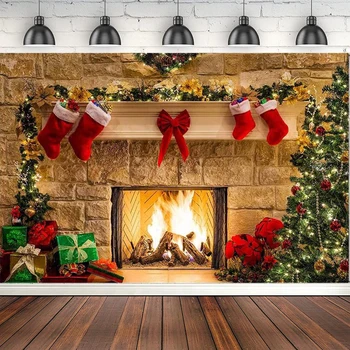 Коледен фон за снимки, Коледна украса за камината, на фона на снимка, банер за парти, подпори за плакат