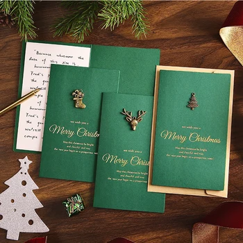 Коледна картичка с позлатени релефни, Поздравителни картички, Покани за Коледно парти, Писмо, Поздравителни картички със стикери върху плик, за украса