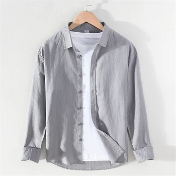 Летни ленени ризи Мъжки обикновена риза Лято Есен Ризи с дълъг ръкав Черна и Бяла блуза, бельо Harajuku