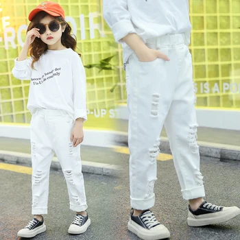 Модни детски дънкови панталони с дупки, обикновена бяла скъсани дънки за деца, пролетни дънкови панталони за деца, летни памучни дрехи