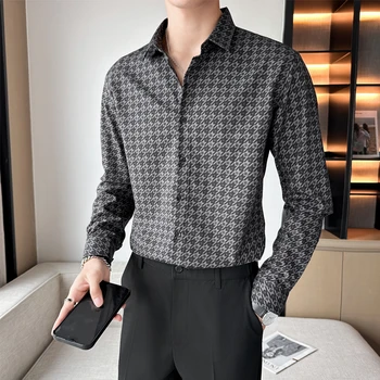 Мъжки модни дрехи за бизнес господин, приталенная, Класическа риза в британската клетка с принтом хиляди птици, ежедневни риза в социален стил