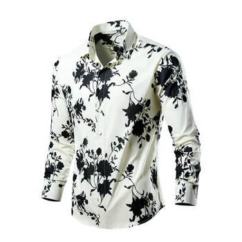 Мъжки ризи, памучен облекло, риза с цветя, Корейски дрехи, мъжка мода, плажна мъжка риза с дълъг ръкав, топ
