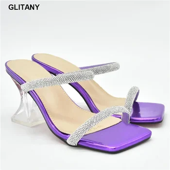 Нов прием на Сватбени обувки с кристали Модни летни джапанки на тънките токчета за Дамски чехли на висок ток за дамите Вечерни дамски обувки-лодка