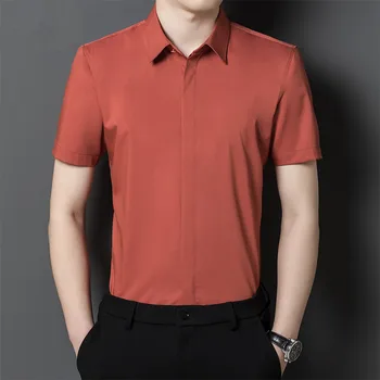 Нова Еластична Мъжка риза От Бамбуково влакно, Модерен Всекидневни Бизнес Топ С къс Ръкав, Без Бръчки, Однотонная Официалната риза 6XL