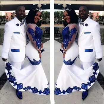 Нови сватбени рокли стил русалка в африканския стил с аппликацией Кралския син цвят и дълги иллюзионными ръкав, официални рокли, пищни сватбена рокля